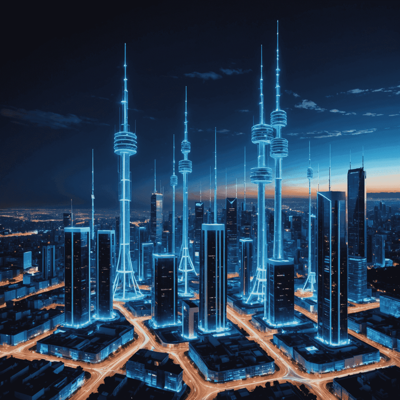 صورة توضيحية لشبكة الجيل الخامس 5G تظهر أبراج الاتصالات وأجهزة الهواتف الذكية المتصلة بها، مع خلفية مدينة حديثة ليلاً مضاءة بأضواء نيون زرقاء