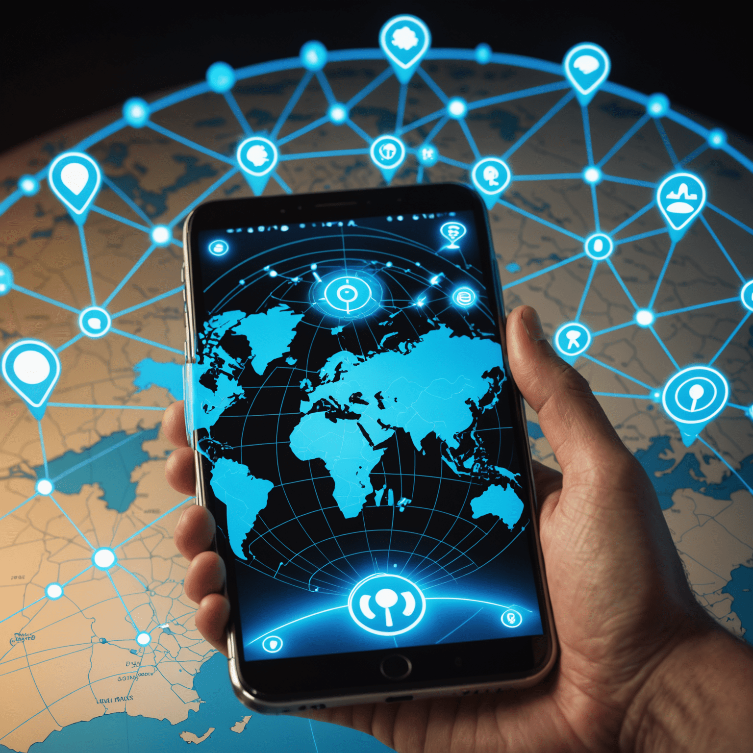 صورة توضيحية لخريطة العالم مع رموز الاتصالات اللاسلكية، تظهر شبكة عالمية متصلة بخطوط نيون زرقاء، مع هاتف ذكي في المقدمة يعرض تطبيق التجوال الدولي