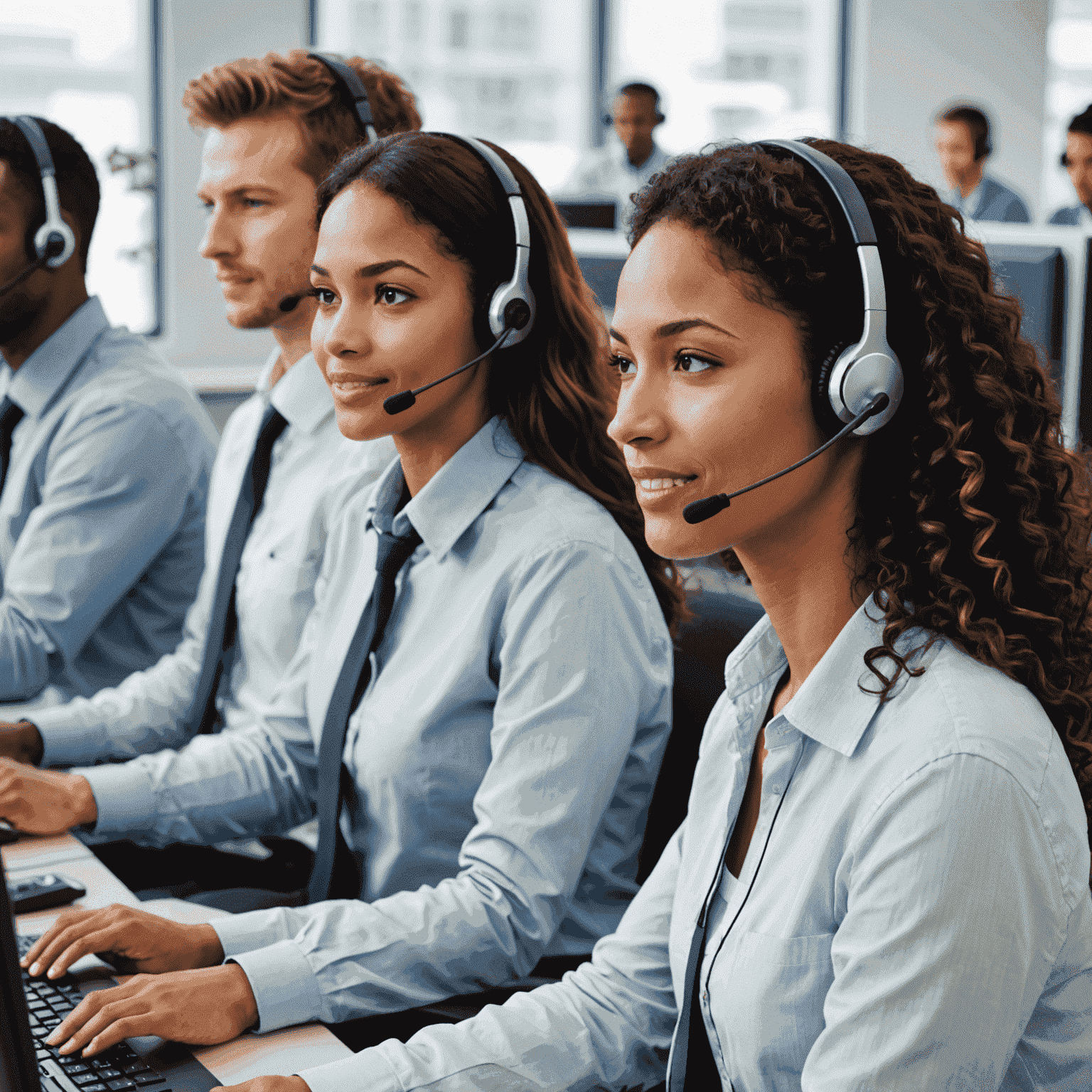 مركز اتصال يظهر موظفين يرتدون سماعات الرأس ويساعدون العملاء عبر الهاتف